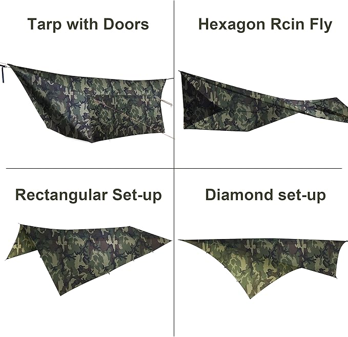 Onewind 12×10 ft Camo Camping Tarp, Billow Tarp Shelter Lightweight Waterproof Hammock Rainfly for Stealth Camping Army Military Bushcraft, Easy to Setup with Tent Pegs and Guyline, Camouflage