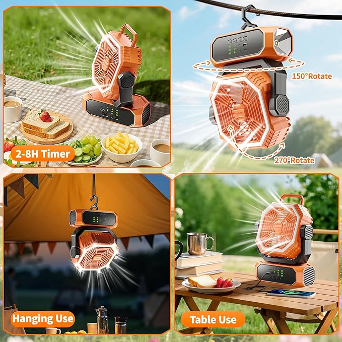 VVU&CCO Portable Fan for Camping with LED Lantern,20000mAh Rechargeable Battery,65H Runtime,USB-C Fast Charging, 3 Speeds - Cordless Desk Fan for Travel Home Office Tent Desk