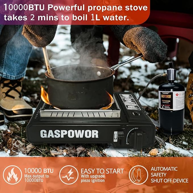 Propane or Butane Stove with Windblocker, Dual Fuel 10,000 BTU Propane Stove for Camping, Automatic Ignition,Gas Portable Stove with Adapter Hose Carrying Case & Griddle for Hiking (Fuel Not Included)