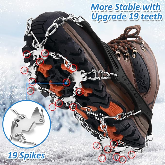 WIN.MAX Crampons for Shoes, Traction Cleats Ice Snow Grips with 19 Stainless Steel Spikes, Shoe Talons Anti - Slip Boots Spikes for Walking, Jogging, Climbing and Hiking