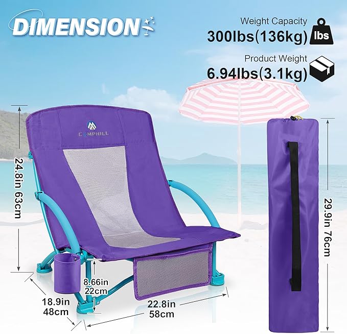 Beach Chairs for Adults 2 Pack,Heavy Duty Folding Low Back Camping Chairs w/Cooler Bag,Mesh Back,Cup Holder & Storage Bag,Compact Sling Chair for Lawn,Picnic,Travel,Purple
