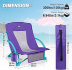 Beach Chairs for Adults 2 Pack,Heavy Duty Folding Low Back Camping Chairs w/Cooler Bag,Mesh Back,Cup Holder & Storage Bag,Compact Sling Chair for Lawn,Picnic,Travel,Purple