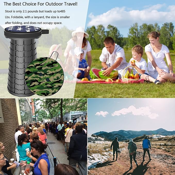 ALEVMOOM Upgraded Telescoping Collapsible Stool with Cushion, Folding Stool with Printing Portable Retractable Foldable Seat Max Load 550lbs for Adults Camping Fishing Outdoor