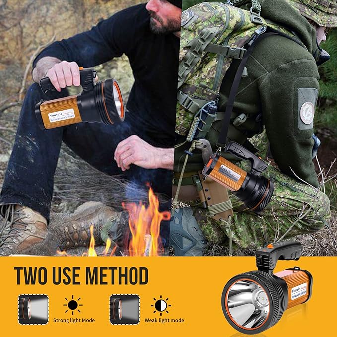 Rechargeable Searchlight Handheld LED Tactical Flashlight with Handle Spotlight 6000 Lumens High-Power Super Bright Torch with USB Output Torch (Gold)