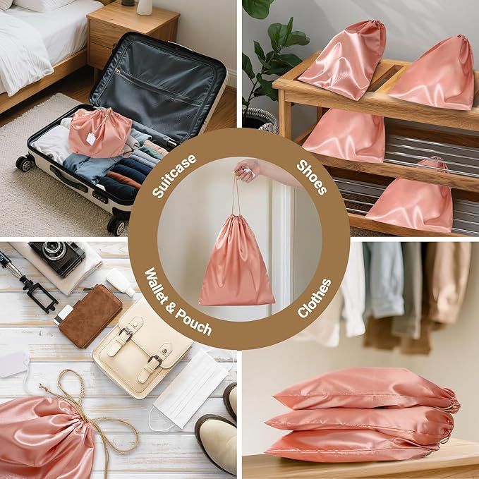 Ewen Small Medium Large Satin Drawstring Bags with Blank Tags, 3pcs Dustproof Packing Bag Travel Essentials Organizer, Pink Orange Dustbags for Handbags Closet Storage Jewelry Shoes Purse Organization