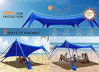 Beach Tent Sun Shelter, Portable Sun Canopy UPF50+ Outdoor Shade with 4 Stability Poles and 8 Sandbags, 10 x 10ft, Sand Shovel, Ground Pegs and Carry Bag for Beach, Camping, Fishing, Picnics