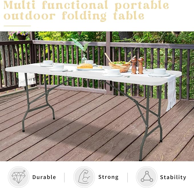 Folding Table 8 FT Camping Table Portable Heavy Duty Plastic Rectangular Outdoor Dining Table Steel Legs Fold-in-Half with Carrying Handle for Indoor,Picnic,Party,Wedding,Events(White)