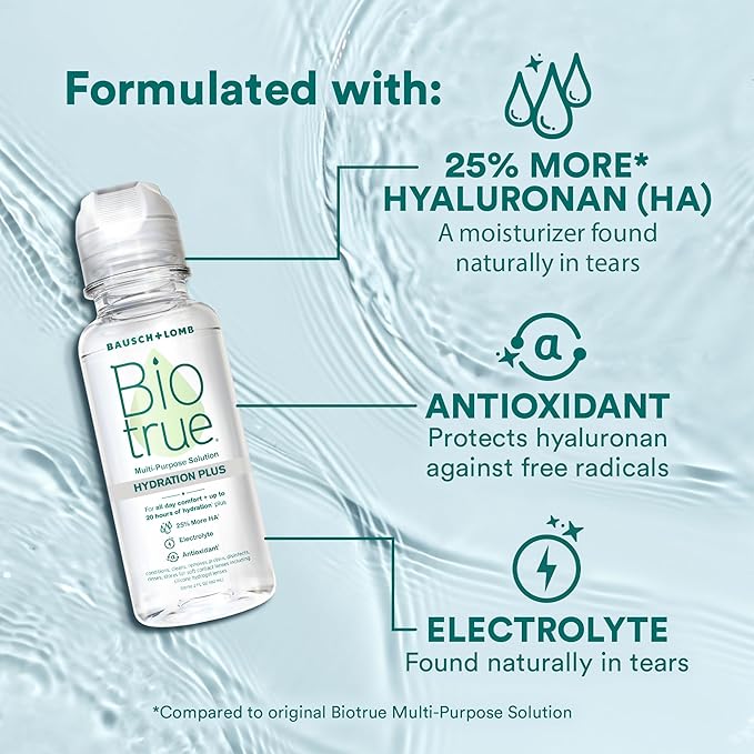 Biotrue Hydration Plus Contact Lens Solution, Multi-Purpose Solution for Soft Contact Lenses, Lens Case Included, 2 FL OZ Travel Size