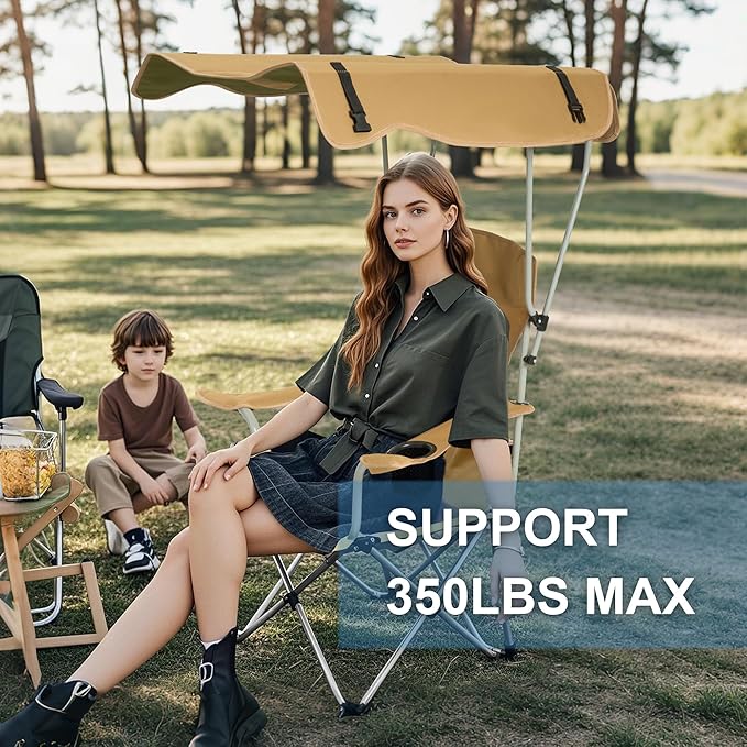Folding Camping Chair with Canopy, Portable Outdoor Beach Chair for Fishing, BBQ, Picnic, Backyard, Lightweight Sun Shade Chair with Cup Holder, Khaki