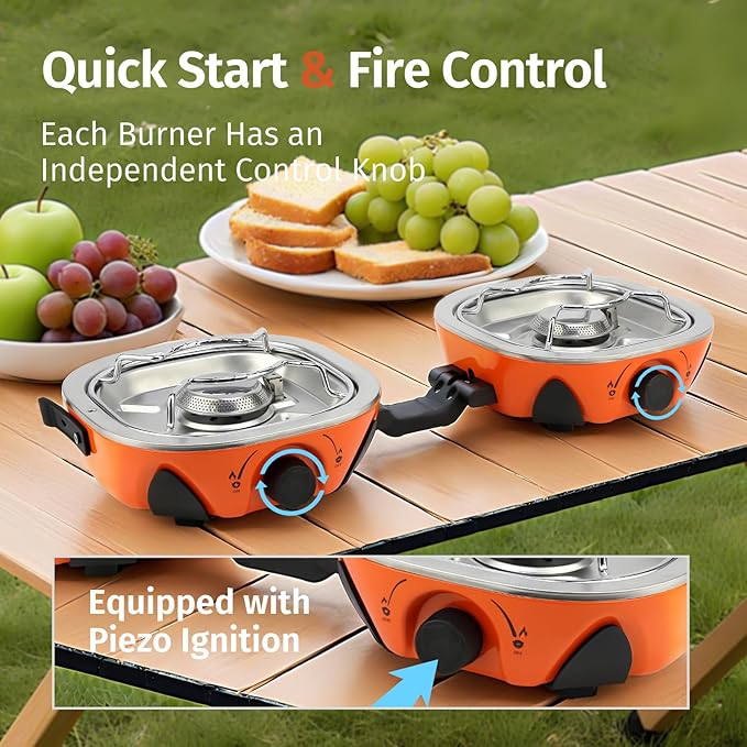 Propane Camping Stove 20,000 BTU - Portable 2 Burner Gas Stove with Adjustable Flame Control, Piezo Ignition, Carry Bag & Propane Adapter Hose, Folding Design for Camp, BBQ, Tailgating, Orange