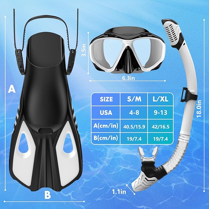 Snorkeling Gear for Adults Men Women, 3 in 1 Snorkel Set with Panoramic View Diving Mask Anti-Fog Anti-Leak, Snorkel Mask Dry Top Snorkel Fins for Swimming, Snorkeling and Travel Diving