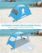 OutdoorMaster Beach Tent Sun Shelter with 2 Ventilated Doors, UPF50+ Easy Setup Beach Tent Canopy for 3 Person, Lightweight & Portable Family Beach Umbrellas for Sand with Carrying Bag - Blue
