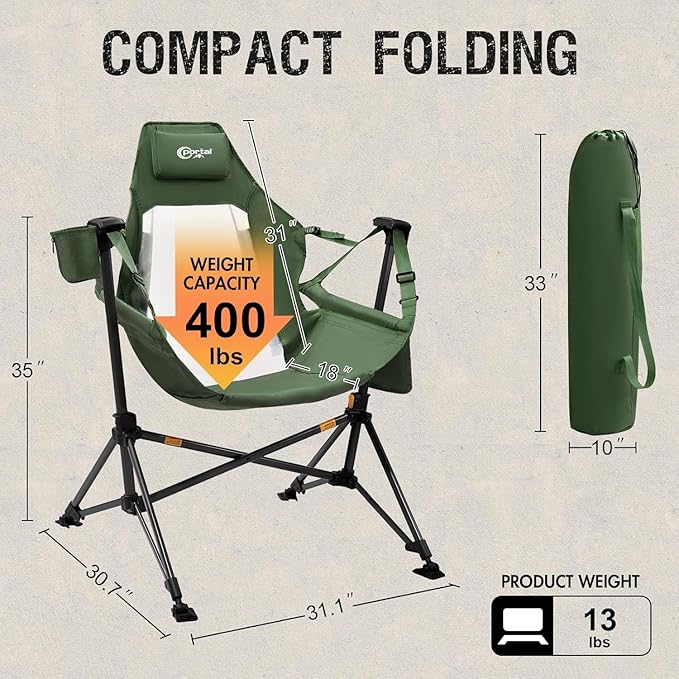 Portal Hammock Camping Chair, Portable Outdoor Swinging Chairs, Rocking Chair for Adults with Adjustable Back and Height for Lawn, Backyard, Patio, Supports 400 lbs, Mesh High Back, Green, 2 Pack