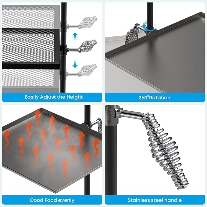 Stanbroil Adjustable Swivel Grill - Steel Mesh Cooking Grate with Spike Pole and Griddle Plate for Outdoor Open Flame Cooking - Dual Campfire Steel Cooking Grill Grate Swivel System