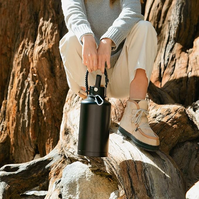 Insulated Water Bottle 64oz,Triple Wall Vacuum Stainless Steel(Dishwasher Safe),Leak Proof & Non-BPA,Flask Jug with Paracord Handle & Straw Spout Lids Sports Navy Blue