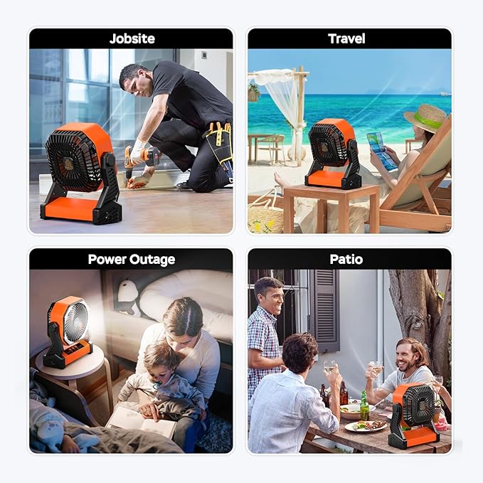 Portable Battery Operated Fan, 20000mAh Rechargeable Camping Fan, 58H Cooling, Tilt Head, 4 Speed Floor Fan with LED Light and Hook for Tent Car Travel Jobsite Fishing Outdoor Hurricane Power Outage