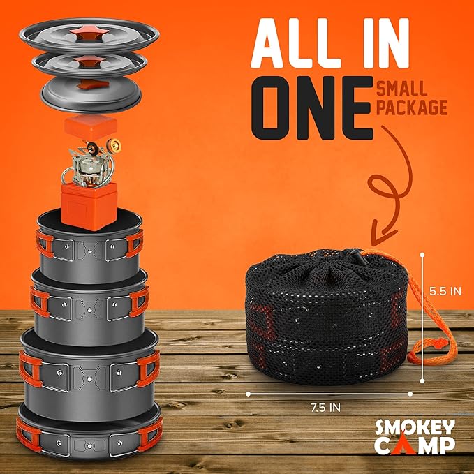 Camping Cookware Mess Kit Set with Stove - Backpacking Camping Pots and Pans Set, All in One Non-Stick Camping Cooking Set, Portable Stove, Hiking, Picnic, Outdoor & Camping Cookware Set