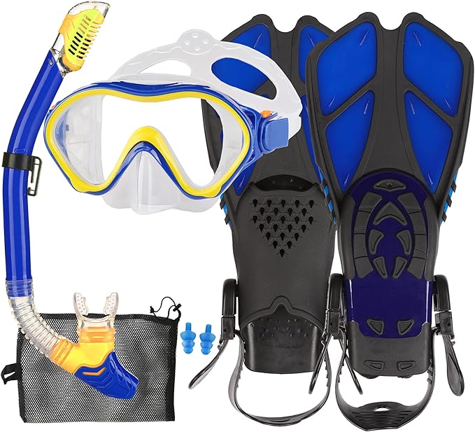 Kids Mask Fins Snorkel Set Snorkeling Packages, with Diving Mask, Snorkel, Adjustable Swim Fins, Mesh Bag, Anti-Fog Anti-Leak Snorkeling Gear for Kids for Snorkeling Swimming Diving