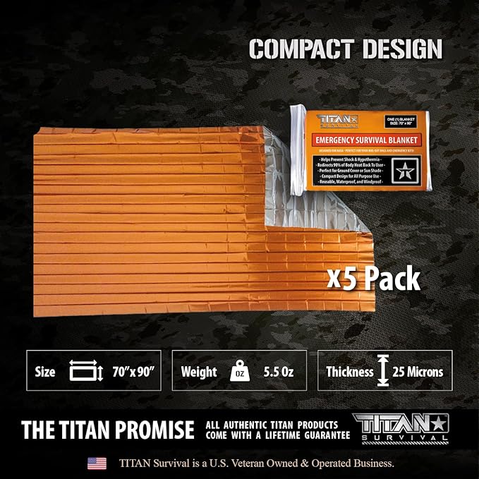 TITAN Survival - Mylar Survival Blankets 5 Pack - 90% Heat Retention & Waterproof Design - Emergency Blanket Cold Weather Protection & Survival Kits - Durable Space Blanket for Outdoor Use