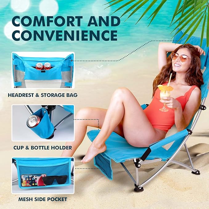 AKSOUL Folding Beach Chair for Adults: Low/High Back Chairs with Carry Bag - Extra Wide Seat Chair with Comfortable Pillow & Storage Pocket (1 Pack & 2 Pack, Blue)