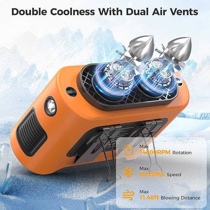 14500mAh Portable Waist Fan Clip On Belt- Rechargeable Battery Operated,Max 40H Cooling,5 Speed 14600RPM,Dual Air Vent, Hands-free Shirt Neck Fan With Light for Outdoor Jobsite Camping Traveling