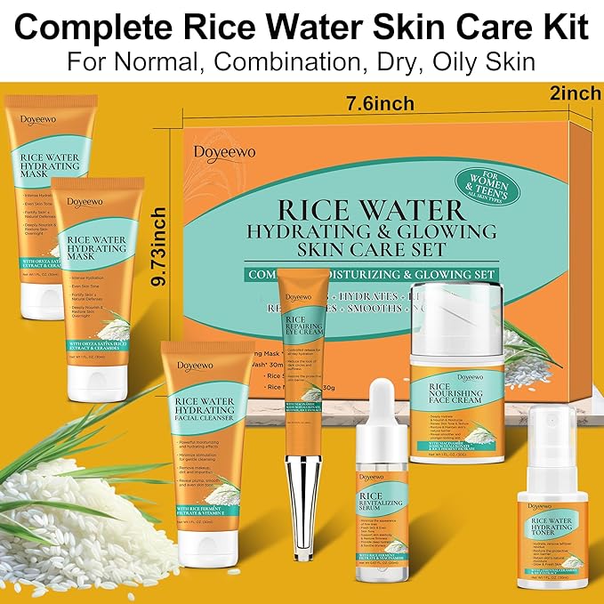 Skin Care Set,7Pcs Women Teen Glass Skincare w/Korean Rice Extract,Hydrate Glow Repair Anti-Aging Facial Routine Kit Self Care Gifts for Women Mom Wife Teenage Girl Teens 10-12 Travel-Size Kit