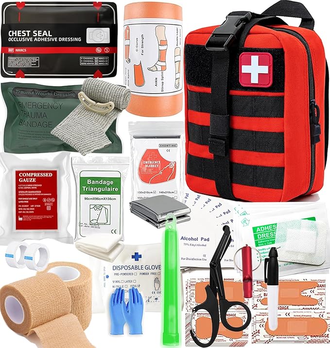 IFAK Kit Trauma Kit Military Medical First Aid Kits Bleeding Contral Emergency Survival Bug Out Bag for Camping Gear Supplies Hiking (Red)