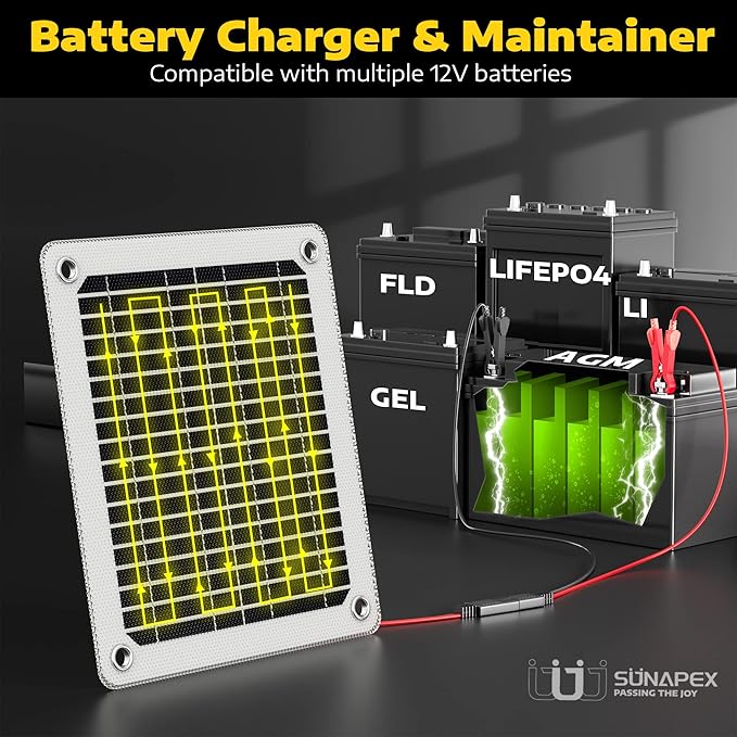 SUNAPEX Solar Battery Charger Maintainer, 5W 12V Portable Waterproof Solar Panel Trickle Charger with Built-in Charge Controller, Cig Plug, Alligator Clips, O-Rings for Car, Truck,Tractor, Boat, etc
