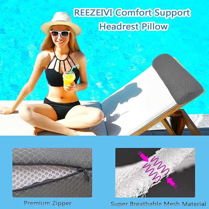 REEZEIVI 1Pack Headrest Pillow for Patio Chaise Lounge,Chaise Lounge Pillows Outdoor 3D air mesh with Elastic Band,Quick Drying and Washable Spa Pillow for Recliner,Beach Chair,Office Chair Gray