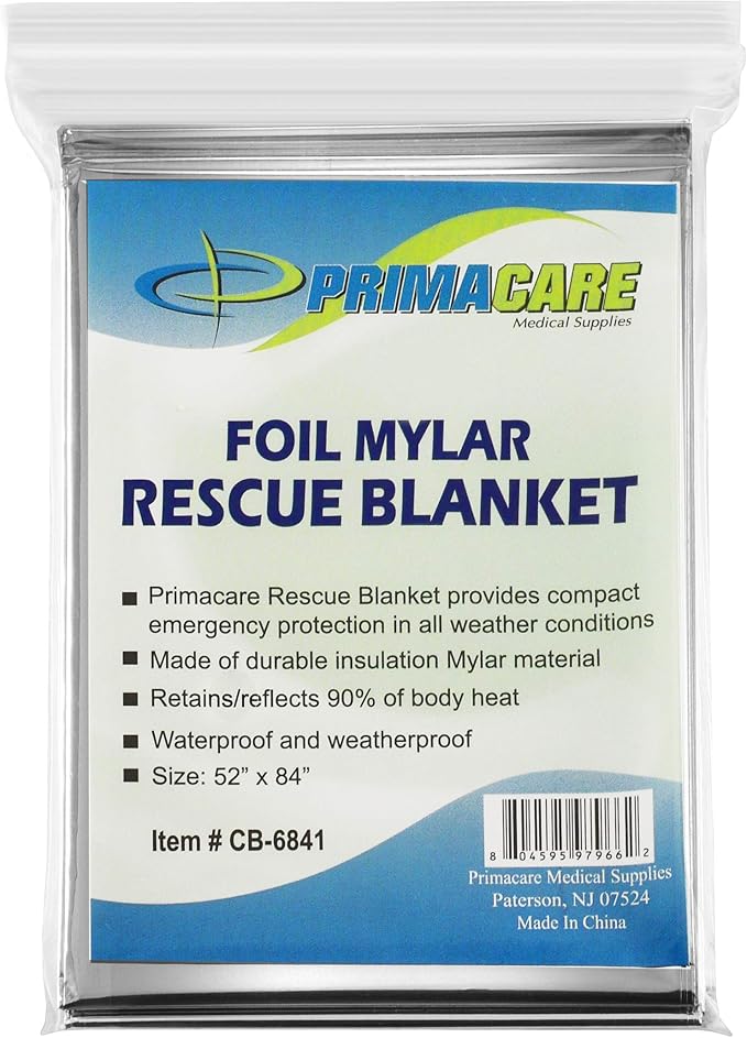 Primacare HB-10 Emergency Mylar Thermal Blankets – 10 Pack, 84" x 52", Silver – Reflective, Waterproof, Retains 90% Body Heat – for Survival, First Aid, Outdoors, Camping, EMS