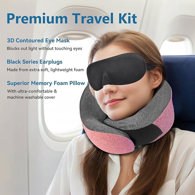 Pink Airplane Travel Pillow Set, 100% Pure Memory Foam Neck Pillow, Updated Material, Long Flight Travel Kit with 3D Contoured Eye Masks, Earplugs, and Luxury Bag