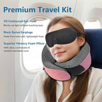 Pink Airplane Travel Pillow Set, 100% Pure Memory Foam Neck Pillow, Updated Material, Long Flight Travel Kit with 3D Contoured Eye Masks, Earplugs, and Luxury Bag