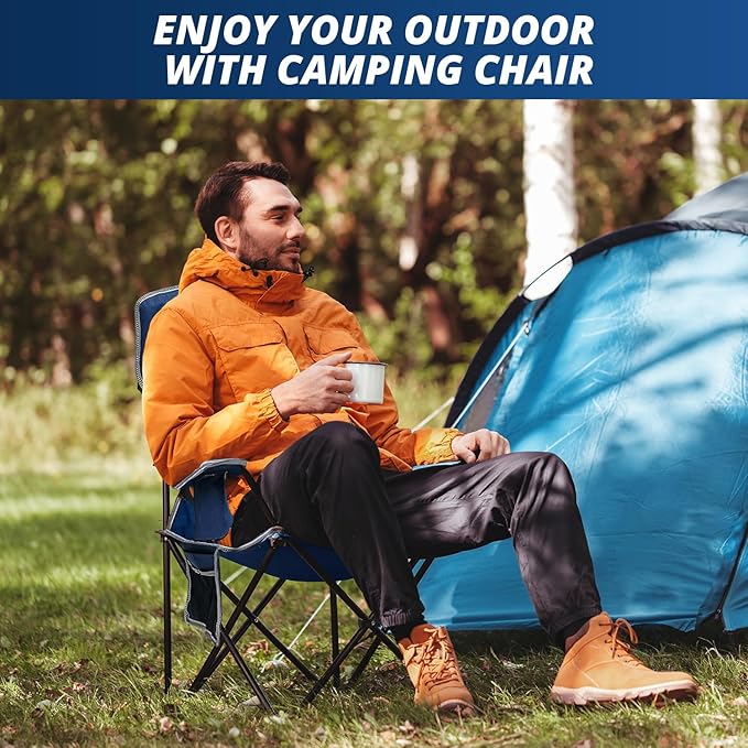 Mesh Folding Camping Chairs, Oversized Portable Outdoor Chairs, Weight Capacity 325 lbs with Cup Holder, Storage Pocket, Carry Bag Blue