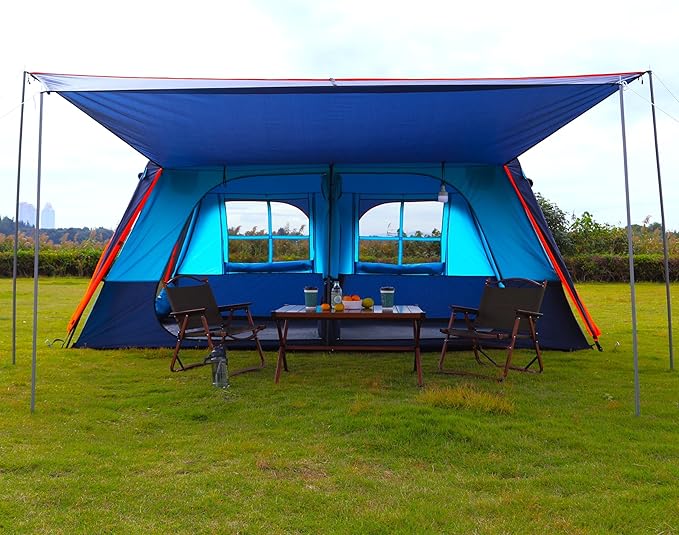 KTT Extra Large Tent 12 Person,Awning Family Cabin Tents,2 Rooms,3 Doors and 3 Windows with Mesh,Straight Wall,Waterproof,Double Layer,Big Tent for Outdoor,Picnic,Camping,Family Gathering