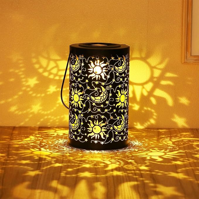 Solar Lanterns Outdoor Hanging Waterproof Metal Sun Moon Star Pattern Lanterns for Garden Patio Yard Lawn Front Porch Decor as Birthday Gifts for Mom Grandma Women