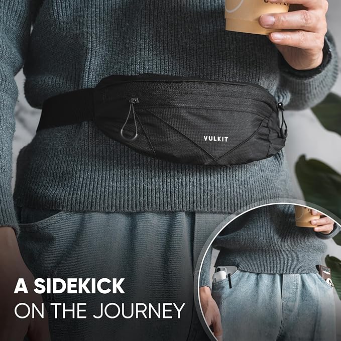 VULKIT Casual Lightweight Fanny Pack for Women & Men, Outdoor Belt Bag to Free Your Hands, Nylon Waterproof Waist Bag with Adjustable Elastic Band, Small Slim Fit Fashion Waist Pack, Black