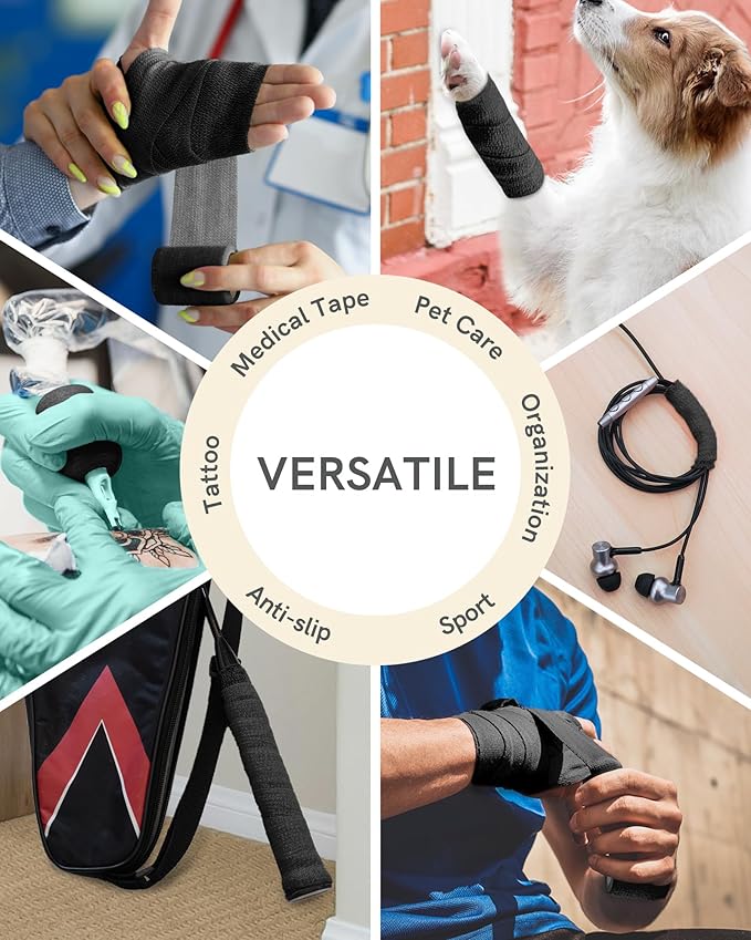 FriCARE Self Adhesive Bandage Wrap, Medical Tape in First Aid Kit, Cohesive Bandages for Wounds Sport Vet, FSA/HSA Eligible, 2 Inches X 5 Yards 6 Rolls, Black