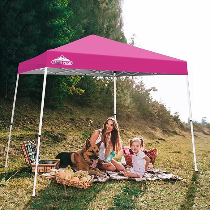 EAGLE PEAK 10x10 Slant Leg Pop-up Canopy Tent Easy One Person Setup Instant Outdoor Beach Canopy Folding Portable Sports Shelter 10x10 Base 8x8 Top (Pink)