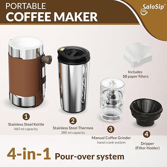 4-in-1 Portable Manual Pour Over Coffee Maker with Grinder – Travel & Camping Pour Over Set – All-in-One Portable Coffee Brewer Kit with Stainless Steel Kettle, Thermal Mug & Dripper