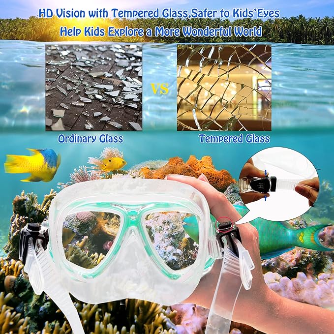 Kids Mask Fins Snorkel Set Snorkeling Packages, with Diving Mask, Snorkel, Adjustable Swim Fins, Mesh Bag, Anti-Fog Anti-Leak Snorkeling Gear for Kids for Snorkeling Swimming Diving