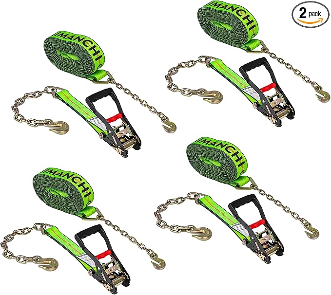 2" x 27' Ratchet Straps with Chain Extension and Grab Hooks,Heavy-Duty Tie Down Straps 3,333 lbs Working Load Limit and 10,000 lbs Break Strength for Cargo Straps for Secure Transport 4Pac