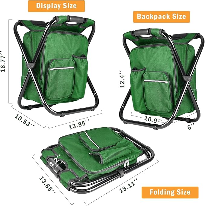 Kikerike Portable Stool Backpack Cooler Chair 400 LBS Max Load Folding Fishing Cooler Backpack Stool for Outdoors Hiking Beach Travel - Army Green