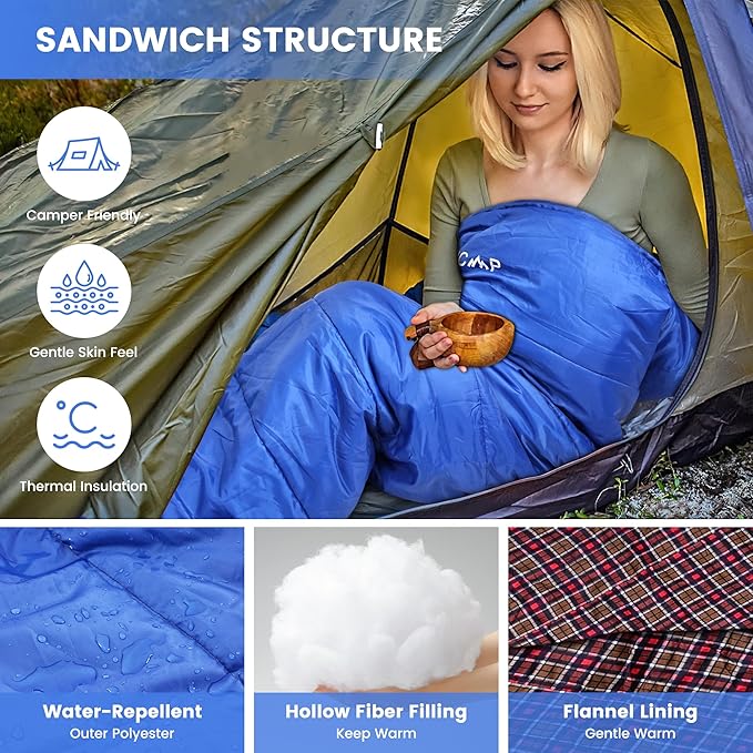 0 Degree Sleeping Bag for Cold Weather,100% Cotton Flannel XXL for Adults Big and Tall Cold Weather Winter Zero Degree Camping,Free Compression Sack