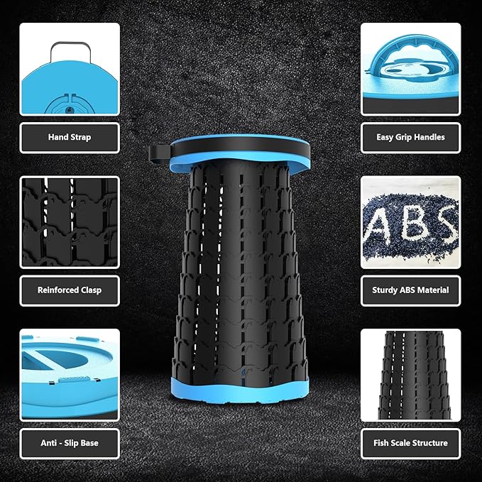 Upgraded Collapsible Stool with Max Load Capacity 330lbs Portable Telescoping & Folding Design Retractable Seat for Camping, Gardening, Fishing & Outdoor Adventures (Blue)