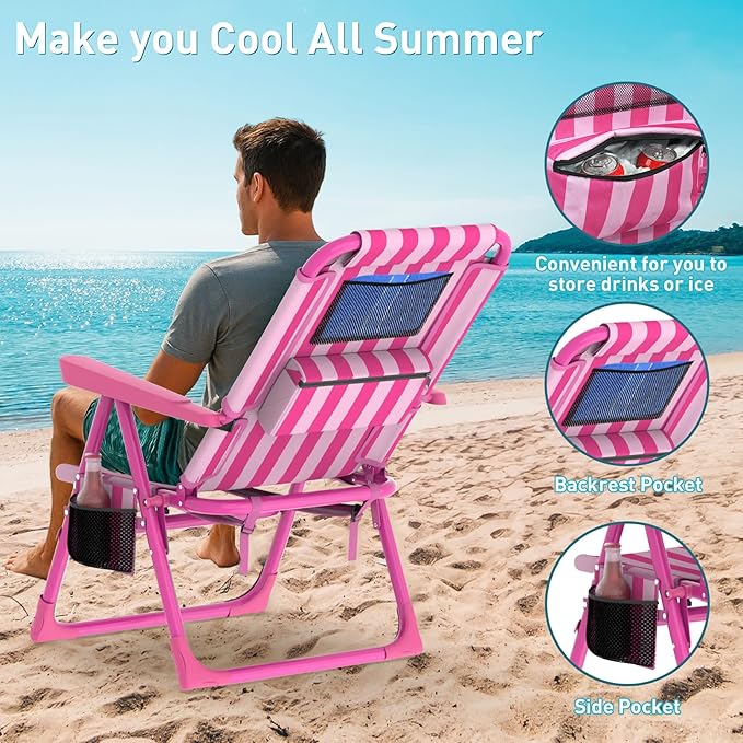 Suteck Backpack Beach Chair, 6-Positions Beach Chairs for Adults with Cooler Bag, Reclining Beach Chair with Cup Holder Folding Camping Chair for Sand Outdoor