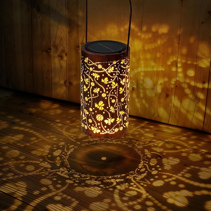 Homemory Bee Solar Lanterns Lights Outdoor Waterproof, Hollowed-Out Metal Decor Lantern, Gifts for Women, LED Solar Lights Metal Decoration Outside for Yard, Patio, Backyard, Porch, Lawn