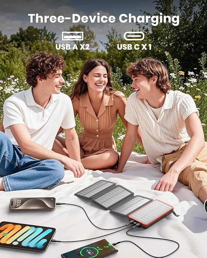 Hiluckey Solar Charger 25000mAh, Outdoor USB C Portable Power Bank with 4 Solar Panels, 3A Fast Charge External Battery Pack with 3 USB Outputs Compatible with Smartphones, Tablets, etc.