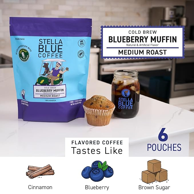 Stella Blue Cold Brew Coffee Packets, Blueberry Muffin, Medium Roast Ground Coffee, Blueberry, Warm Cinnamon and Brown Sugar Notes, 100% Arabica, 6 Brew Packets, Makes 24 Bold Cups