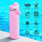 ThermoProof Double-Walled Vacuum Insulated Stainless Steel Water Bottle - Wide Mouth with Chug & Spout Lids, Dishwasher Safe, Reusable, Leakproof, Hot & Cold for Men, Women & Kids - 22oz, Pink