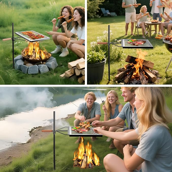 Swivel Campfire Grill Grate, Height 35", 360° Adjustable Heavy Duty Steel Campfire Grill with Insulated Wooden Handle, Portable Fire Pit Cooking Grate, for Camping Outdoor BBQ Cooking Open Fire
